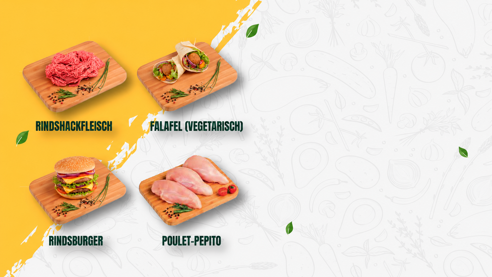 RINDSHACKFLEISCH, FALAFEL (VEGETARISCH), RINDSBURGER, POULET-PEPITO