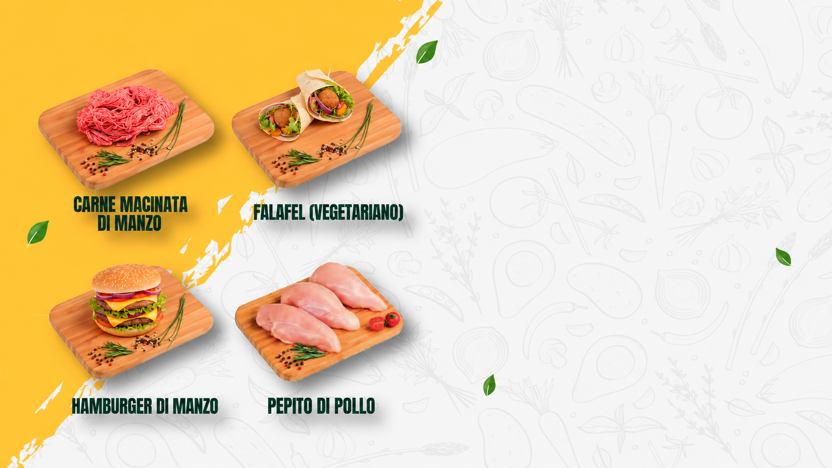 CARNE MACINATA DI MANZO, FALAFEL (VEGETARIANO), HAMBURGER DI MANZO, PEPITO DI POLLO